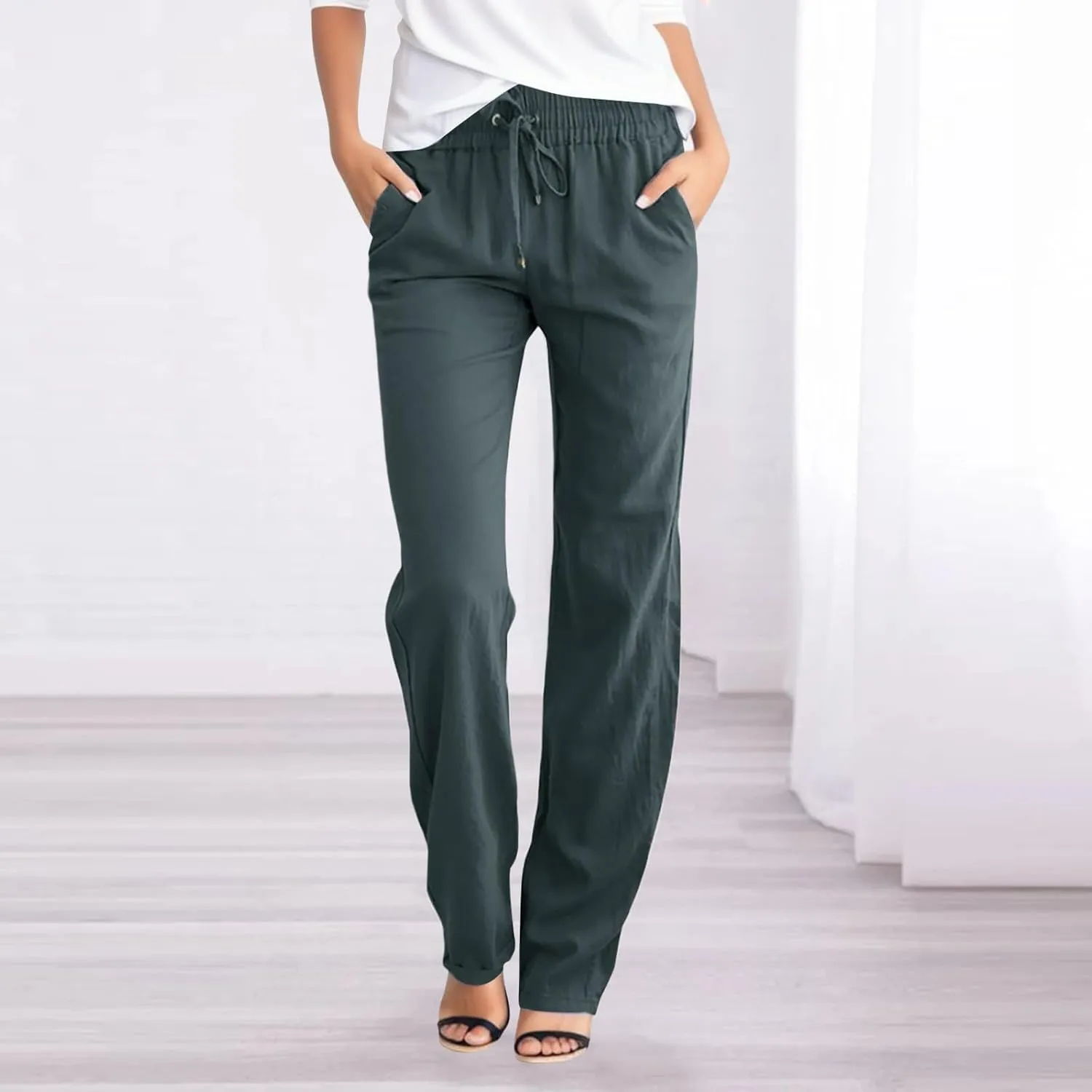 PTOLOCIF Linen Beach Pants Women,Casual Linen High Waist Pants Wide Leg Palazzo Pants Drawstring Loose Fit Summer Pants