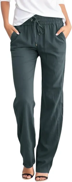 PTOLOCIF Linen Beach Pants Women,Casual Linen High Waist Pants Wide Leg Palazzo Pants Drawstring Loose Fit Summer Pants