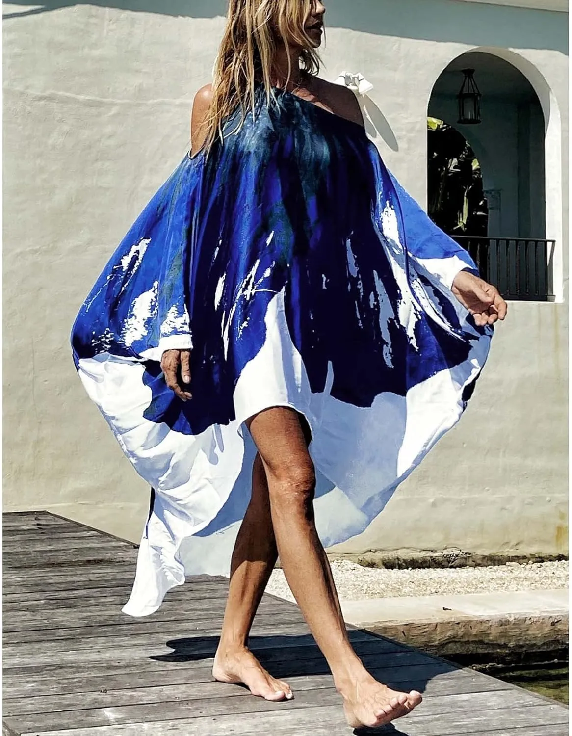 QPQ Womens Cold Shoulder Kaftan Dresses Plus Size Cover Up Tshirt Maxi Beach Boho Swing Dress