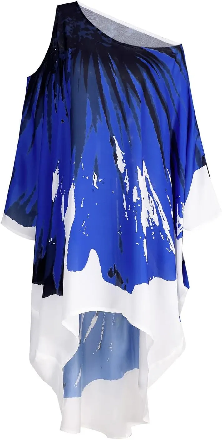 QPQ Womens Cold Shoulder Kaftan Dresses Plus Size Cover Up Tshirt Maxi Beach Boho Swing Dress