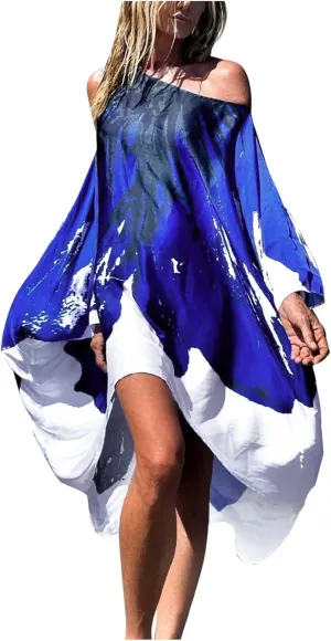 QPQ Womens Cold Shoulder Kaftan Dresses Plus Size Cover Up Tshirt Maxi Beach Boho Swing Dress
