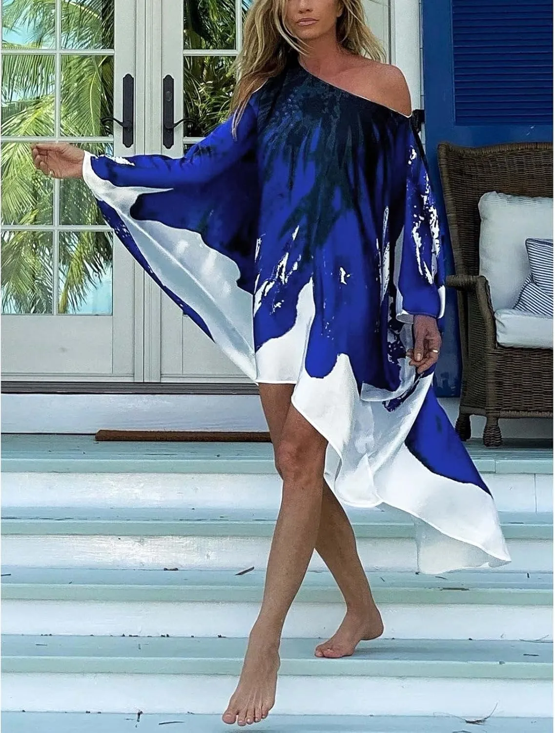 QPQ Womens Cold Shoulder Kaftan Dresses Plus Size Cover Up Tshirt Maxi Beach Boho Swing Dress