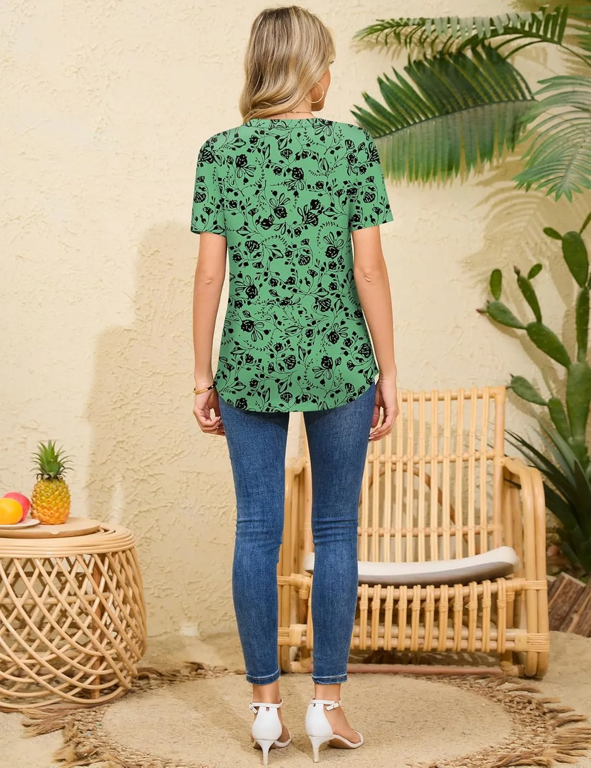 Rapbin Short Sleeve Shirts for Women Pleated V Neck Lace Blouses Dressy Casual Elegant Tops Loose peasant Summer T-Shirts