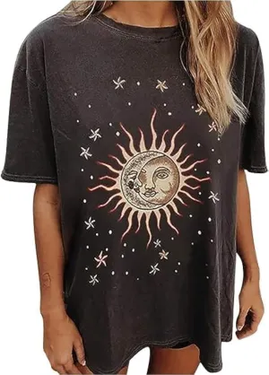 Remidoo Women's Casual Oversized T Shirt Short Sleeve Graphic Tee Letter Sun Moon Shirts