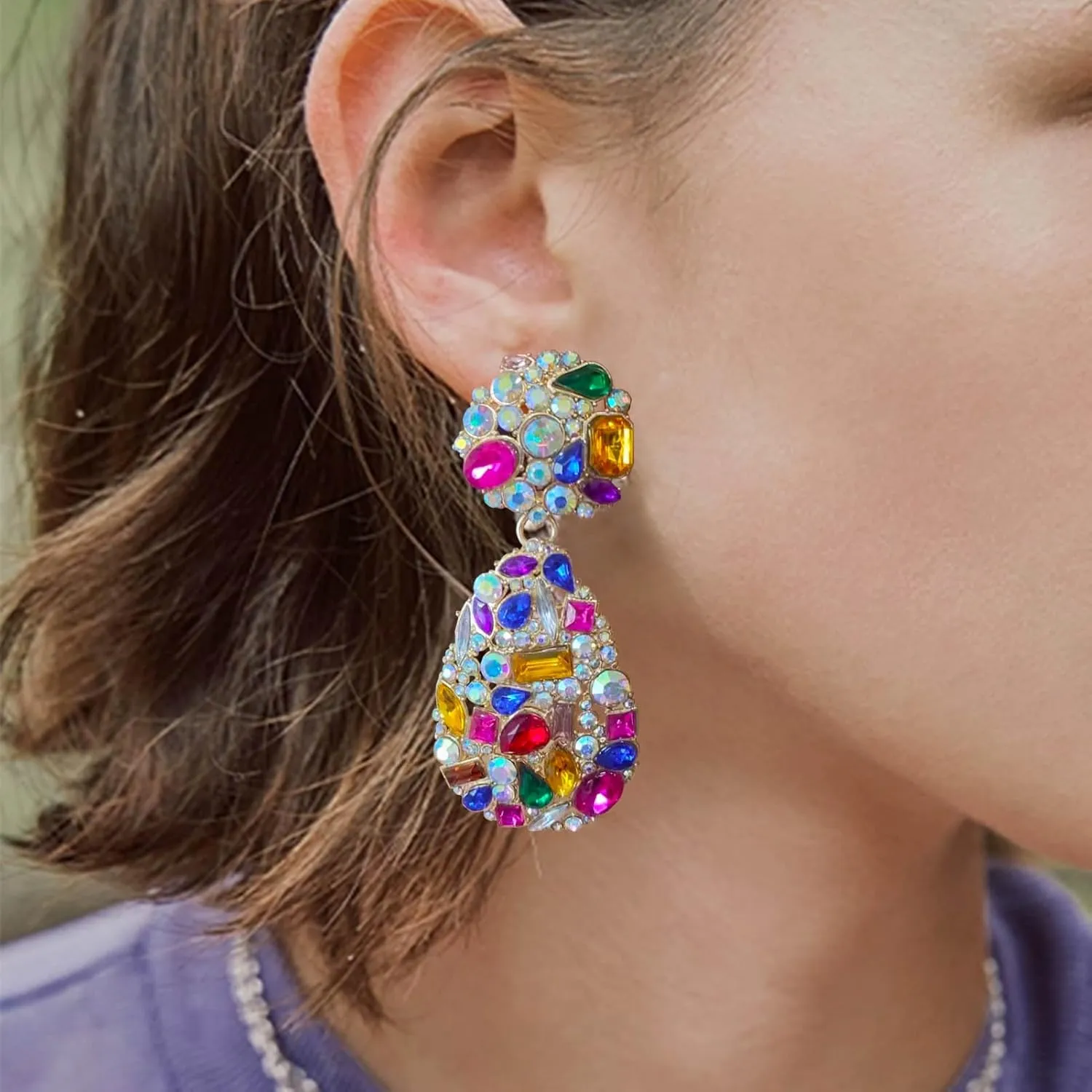 Rhinestone Teardrop Dangle Earrings with Round Studs Statement Drop Earrings Wedding Jewelry
