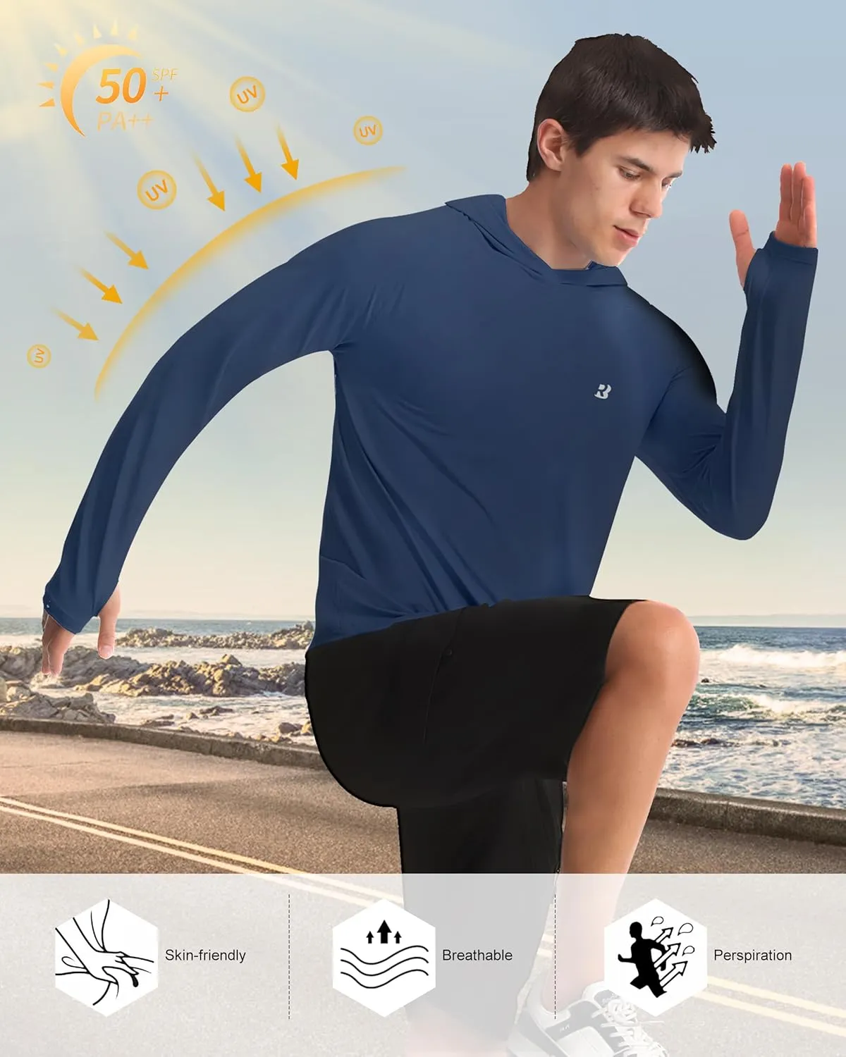 Roadbox UPF 50  Fishing Shirts for Men, Long Sleeve UV Protection Sun Hoodie, Swim Rash Guard for Hiking Running Workout