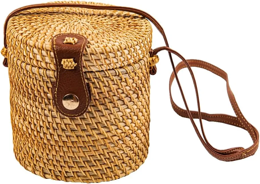 Round Rattan Bag for Women Handmade Woven Purse,Brown Straw Boho Bags,Beach Bag