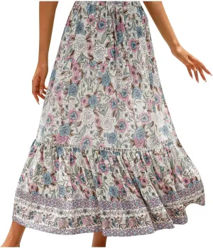 Ruziyoog Womens Boho Floral Print Summer Dress Maxi Skirt High Waisted Flowy Tiered Skirt Vacation Beach Swing A-Line Skirts