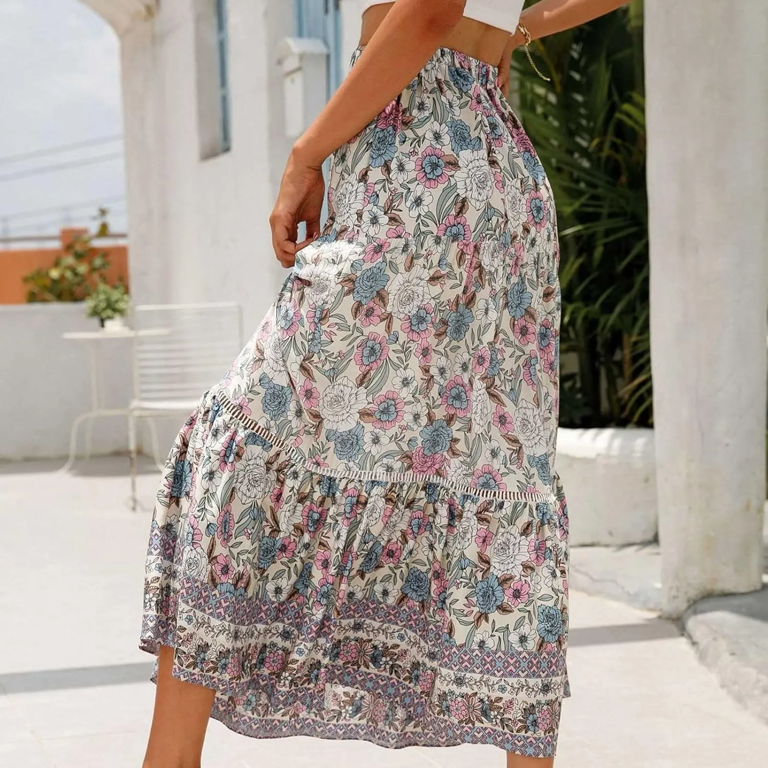 Ruziyoog Womens Boho Floral Print Summer Dress Maxi Skirt High Waisted Flowy Tiered Skirt Vacation Beach Swing A-Line Skirts
