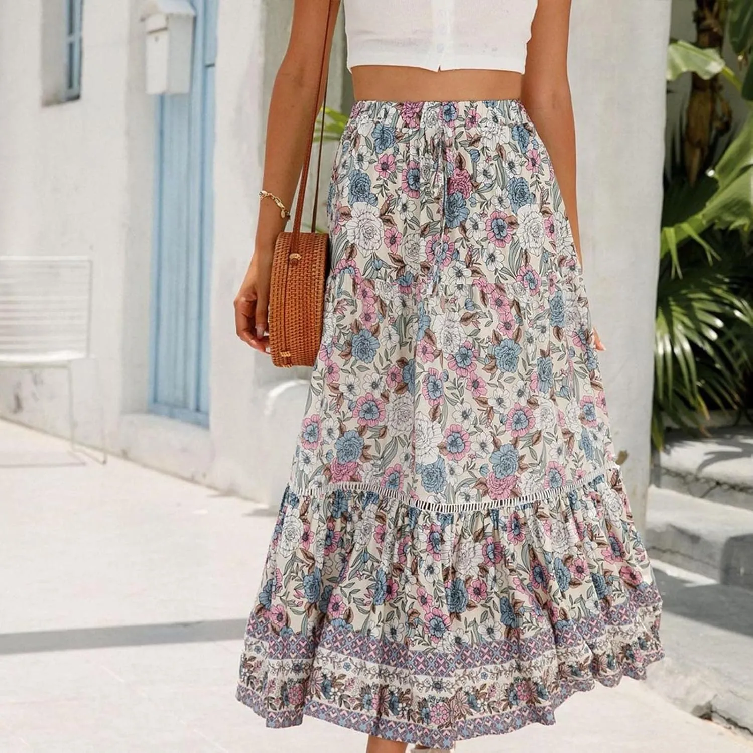 Ruziyoog Womens Boho Floral Print Summer Dress Maxi Skirt High Waisted Flowy Tiered Skirt Vacation Beach Swing A-Line Skirts