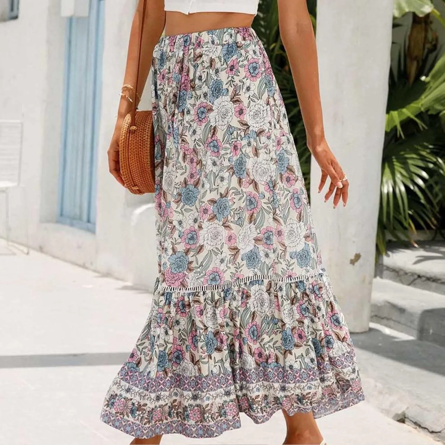Ruziyoog Womens Boho Floral Print Summer Dress Maxi Skirt High Waisted Flowy Tiered Skirt Vacation Beach Swing A-Line Skirts