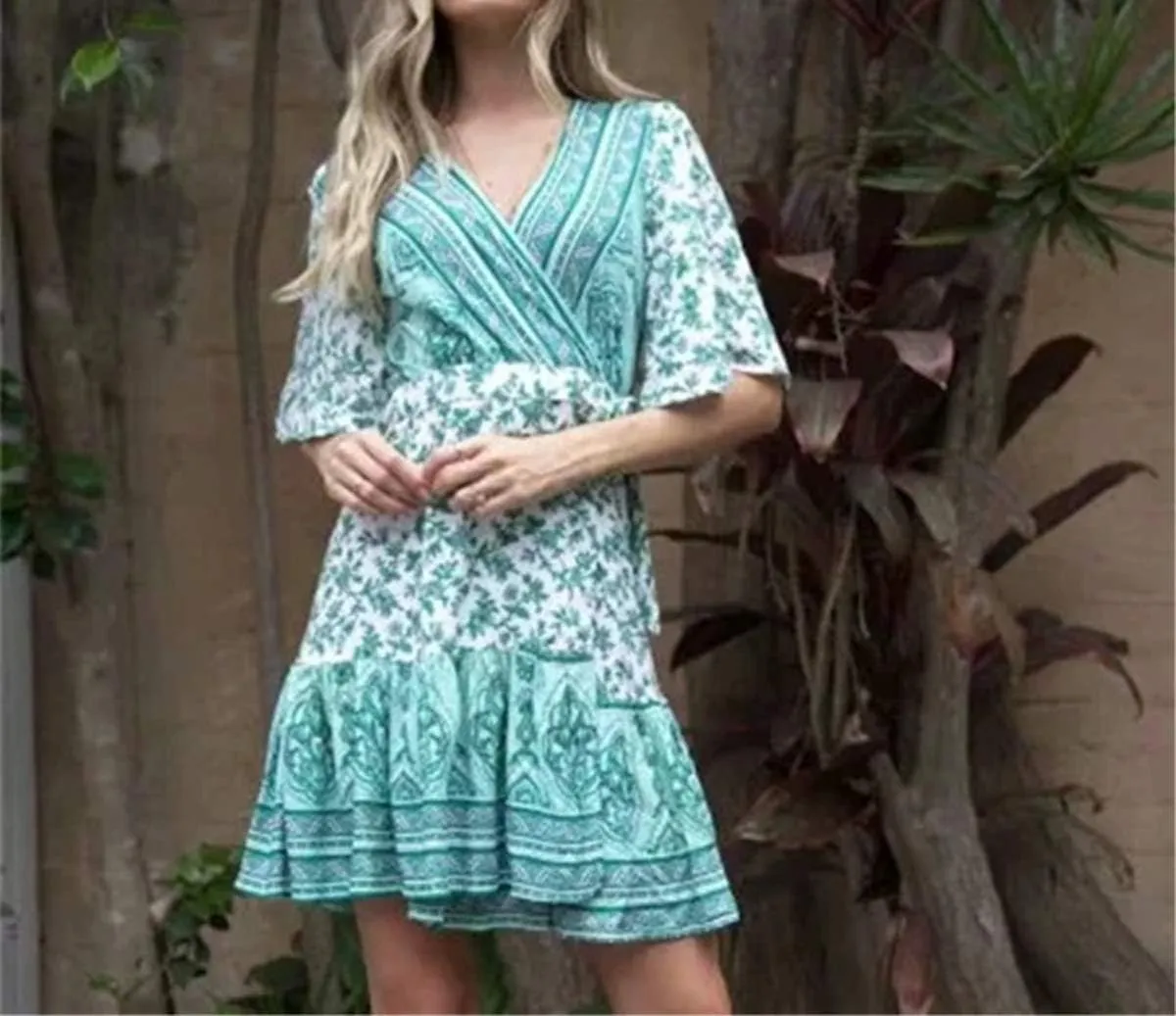 R.Vivimos Women Summer Short Sleeve Casual Bohemian Beach Ruffle Floral Print Bow Tie Short Sun Dress