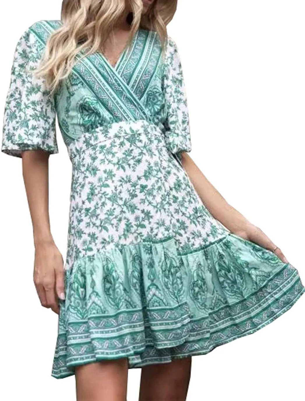 R.Vivimos Women Summer Short Sleeve Casual Bohemian Beach Ruffle Floral Print Bow Tie Short Sun Dress