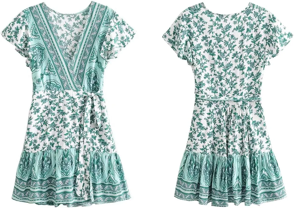 R.Vivimos Women Summer Short Sleeve Casual Bohemian Beach Ruffle Floral Print Bow Tie Short Sun Dress