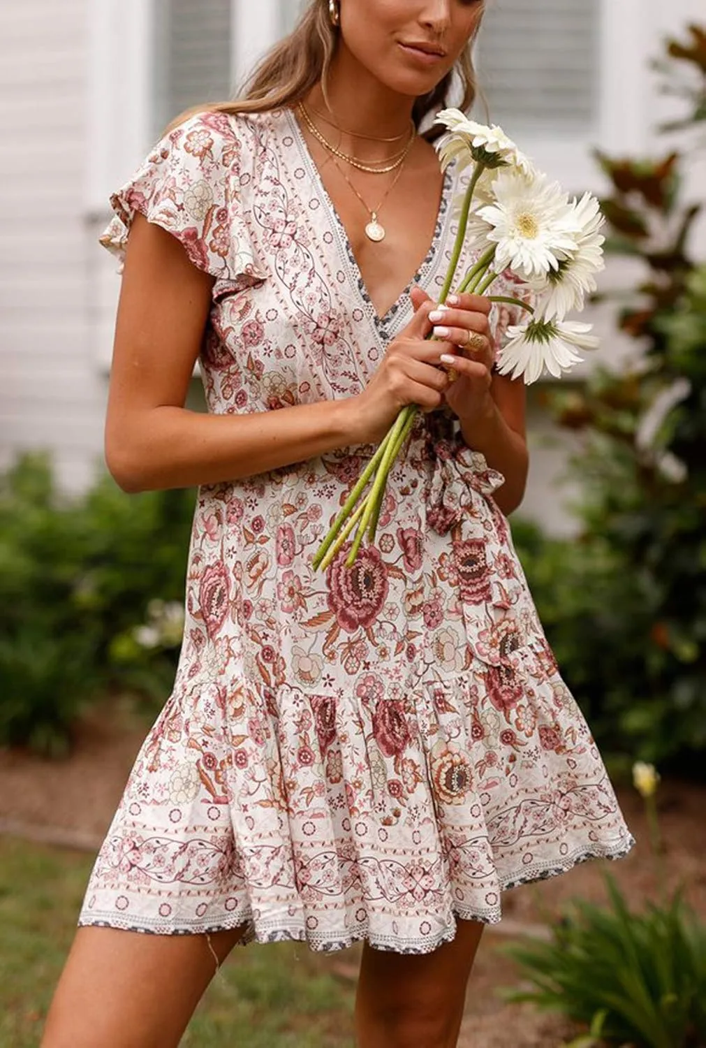 R.Vivimos Women Summer Short Sleeve Casual Bohemian Beach Ruffle Floral Print Bow Tie Short Sun Dress