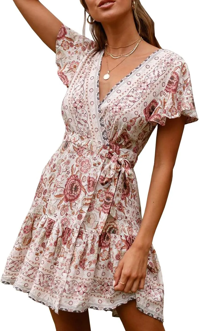 R.Vivimos Women Summer Short Sleeve Casual Bohemian Beach Ruffle Floral Print Bow Tie Short Sun Dress