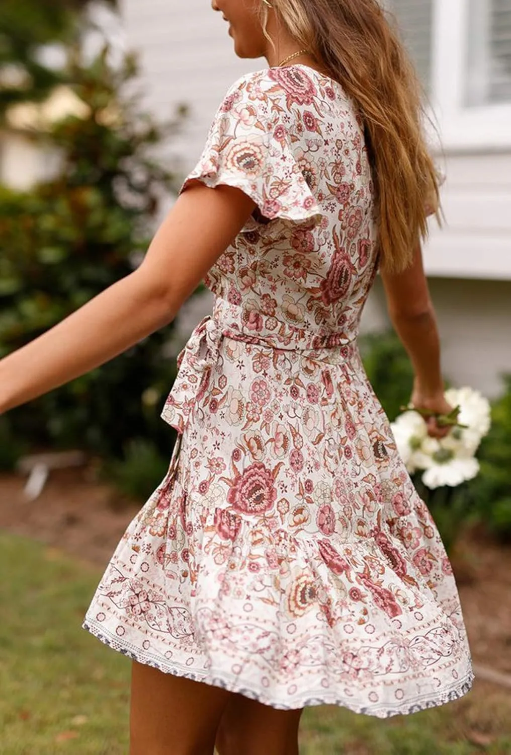 R.Vivimos Women Summer Short Sleeve Casual Bohemian Beach Ruffle Floral Print Bow Tie Short Sun Dress