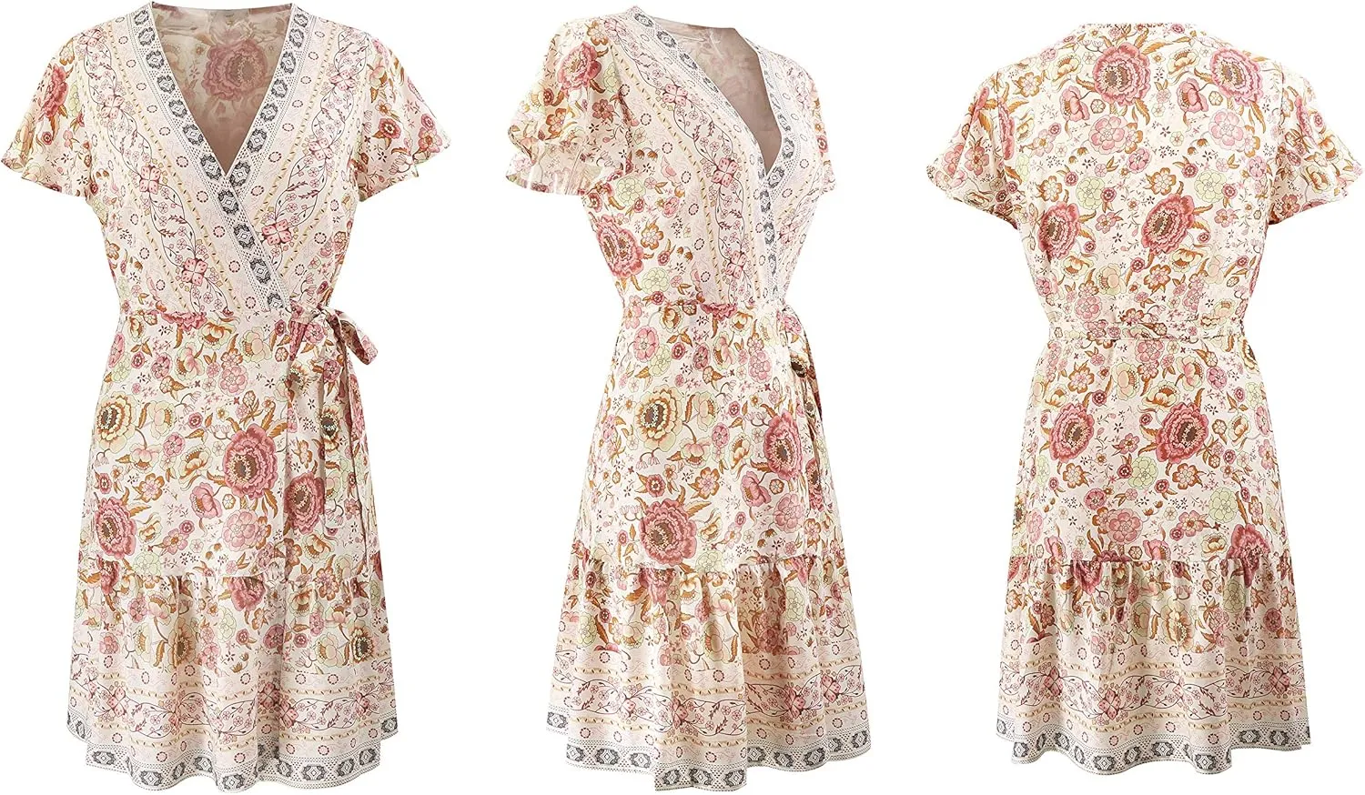 R.Vivimos Women Summer Short Sleeve Casual Bohemian Beach Ruffle Floral Print Bow Tie Short Sun Dress
