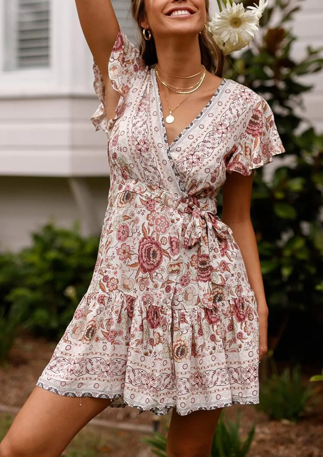 R.Vivimos Women Summer Short Sleeve Casual Bohemian Beach Ruffle Floral Print Bow Tie Short Sun Dress