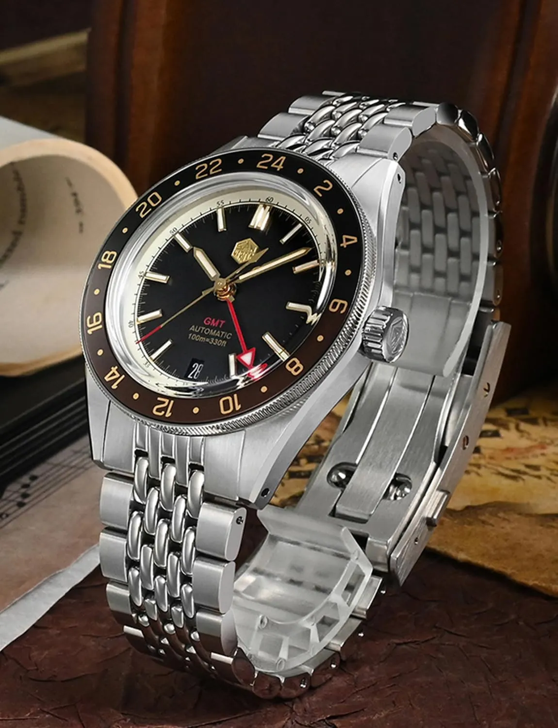 San Martin SN0116G Dive Watches for Men NH34 GMT Watch Mechanical Sapphire Mirror Full Luminous 10ATM Waterproof Wristwatch, 39.5MM Stainless Steel
