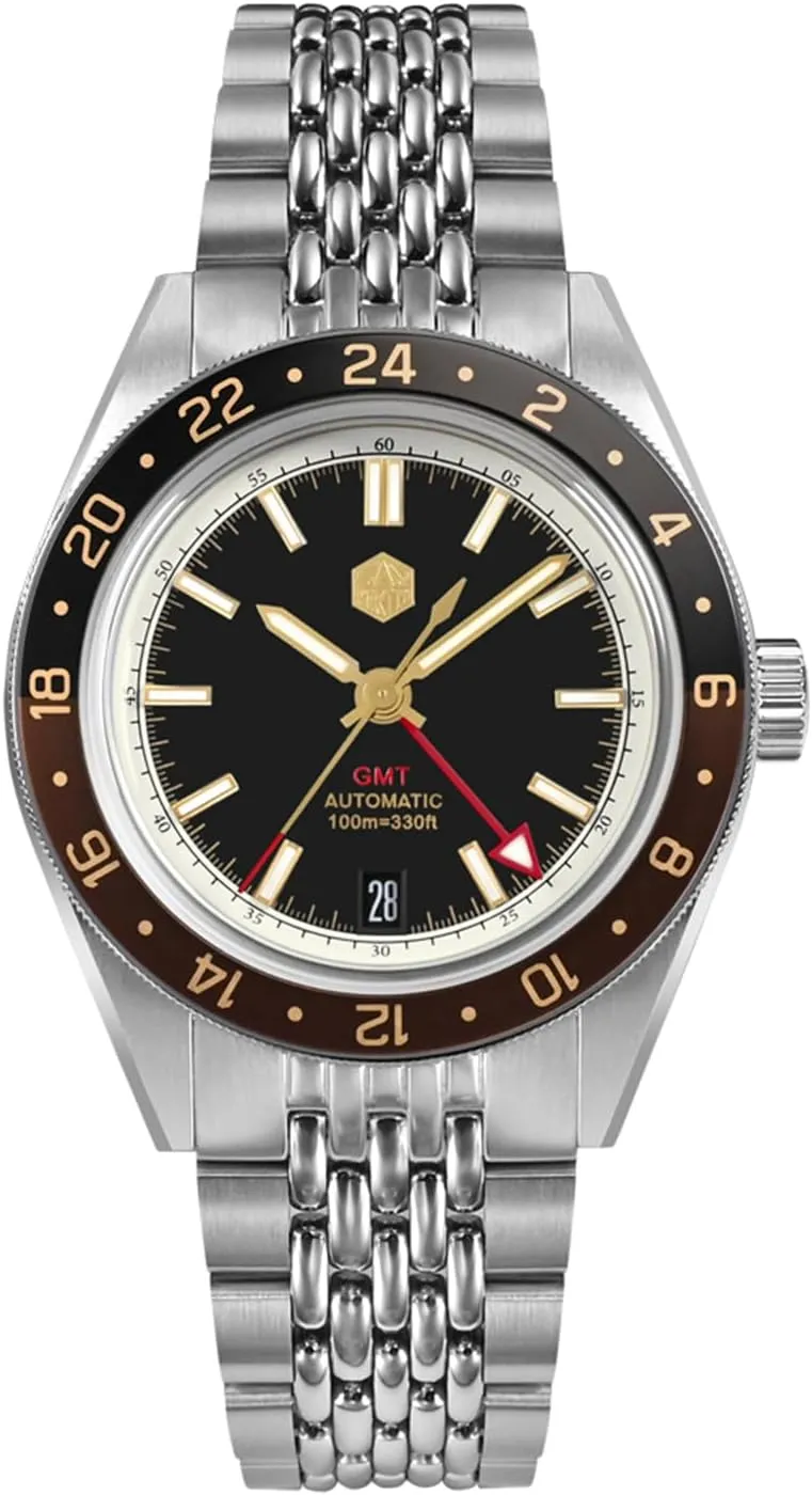 San Martin SN0116G Dive Watches for Men NH34 GMT Watch Mechanical Sapphire Mirror Full Luminous 10ATM Waterproof Wristwatch, 39.5MM Stainless Steel