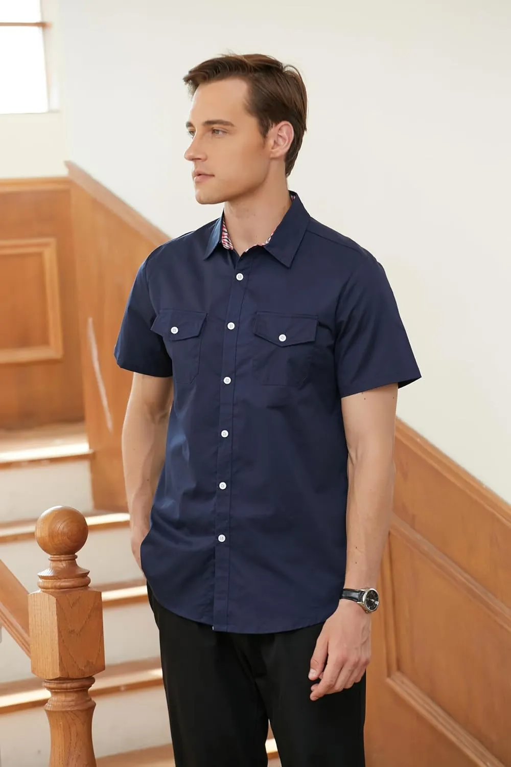 SANGTREE Mens and Boys Casual Short Sleeve Button Down Shirts with Two Pockets, US 12 Months - Adult 2XL