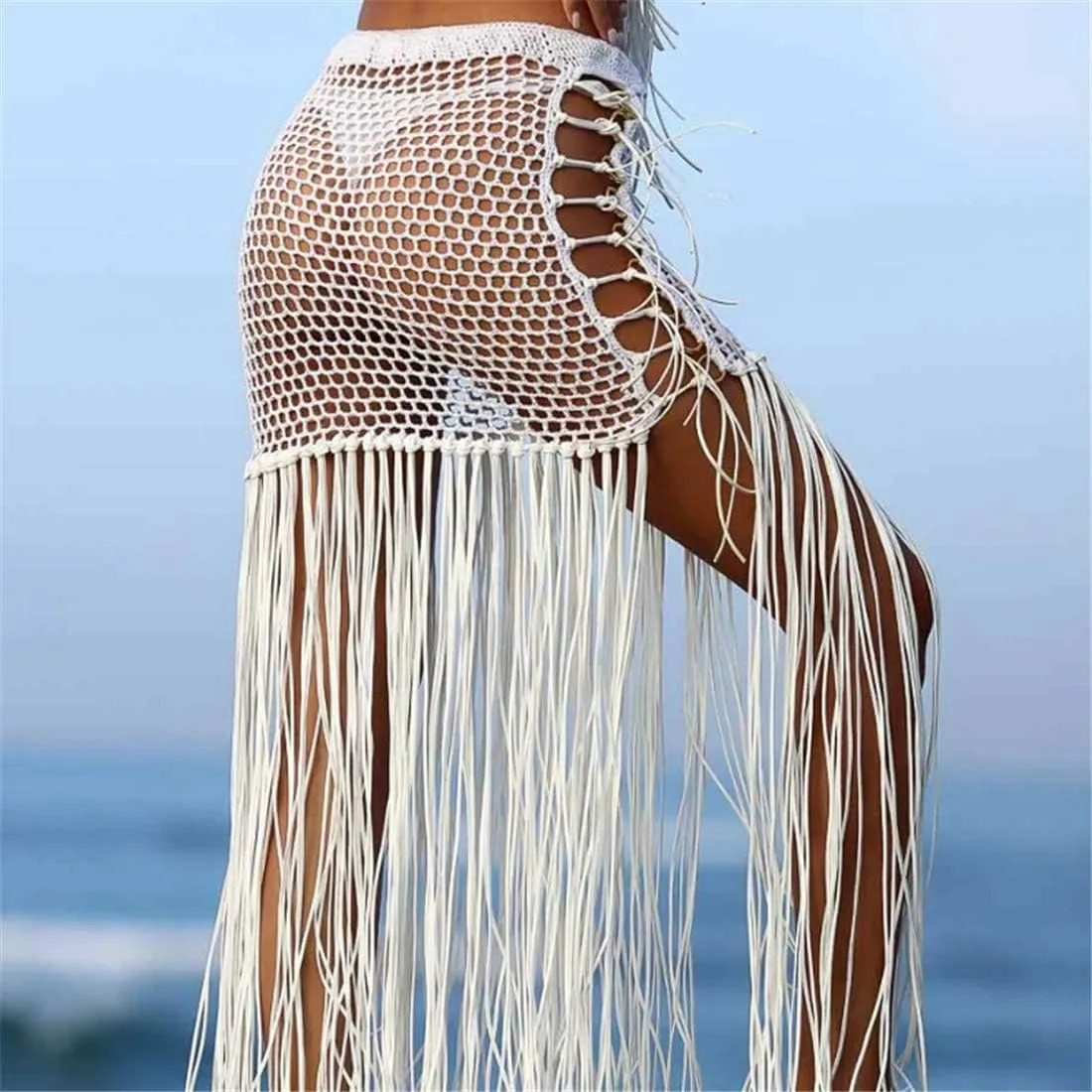 Sexy Beach Handmade Crochet Bikini Net Fishnet Mini Skirt, Summer High Waist Hollow Out Cool
