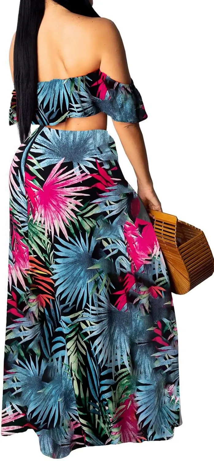 Sexy Two Piece Sets for Women Vacation Elegant Sleeveless Top Long Split Maxi Dress Beach Swimwear