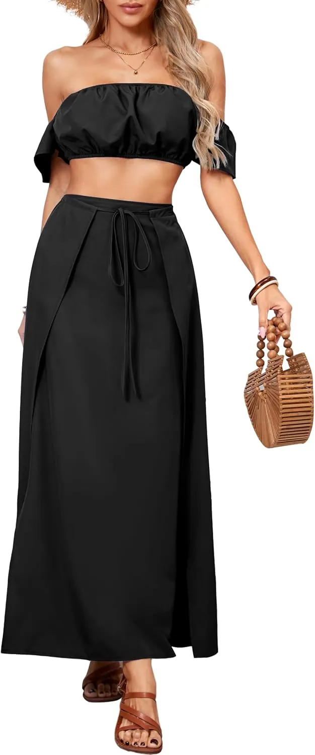 Sexy Two Piece Sets for Women Vacation Elegant Sleeveless Top Long Split Maxi Dress Beach Swimwear
