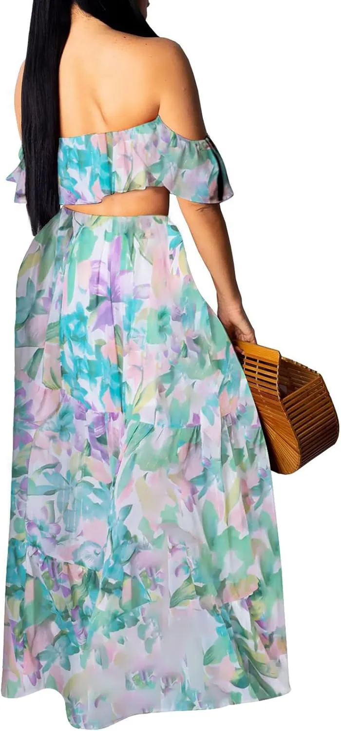 Sexy Two Piece Sets for Women Vacation Elegant Sleeveless Top Long Split Maxi Dress Beach Swimwear