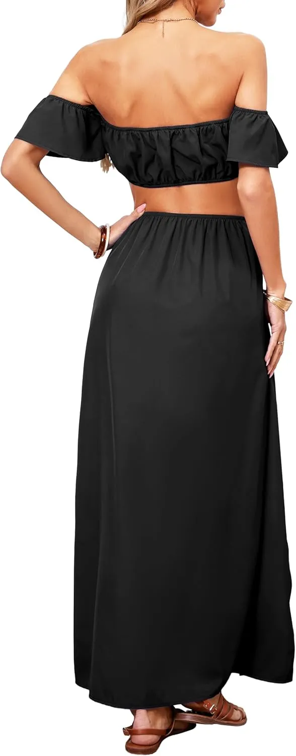 Sexy Two Piece Sets for Women Vacation Elegant Sleeveless Top Long Split Maxi Dress Beach Swimwear