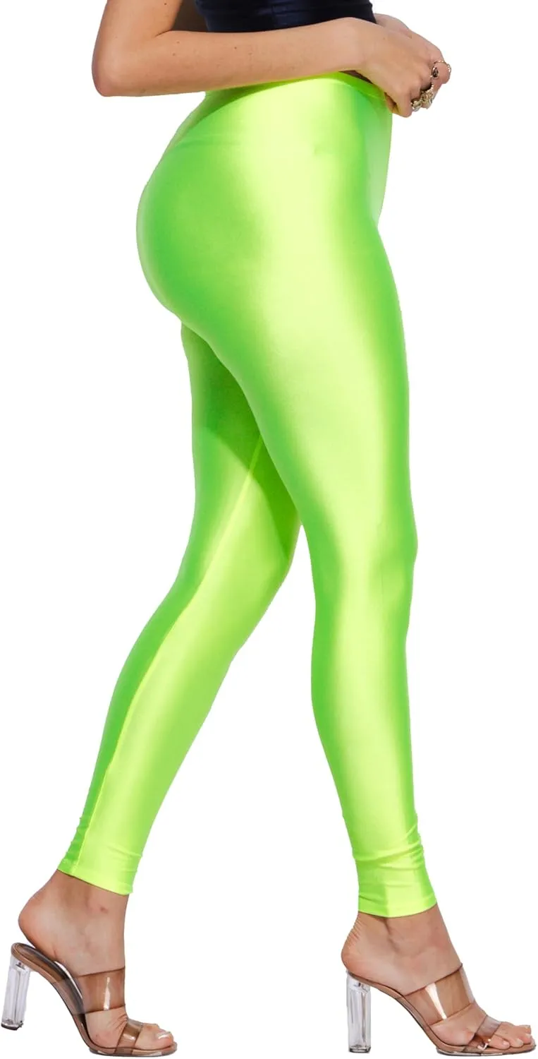 Shiny Leggings High Waist Neon Leggings Elastic Stretch Skinny Comfy Lightweight Pants Tights Disco Party Rave