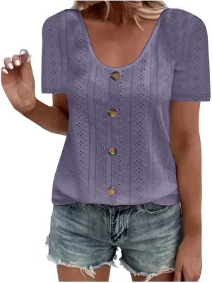 Short Sleeve Shirts for Women Dressy Casual Hollow Button Scoop Neck Solid Color Blouses Cute Sexy Summer Tops