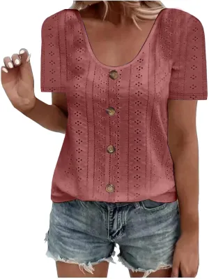 Short Sleeve Shirts for Women Dressy Casual Hollow Button Scoop Neck Solid Color Blouses Cute Sexy Summer Tops