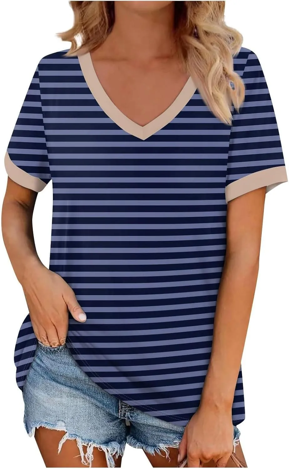 Short Sleeve Shirts for Women Dressy Casual Loose Fit Striped V Neck Blouses Daily Work Dating T Shirts