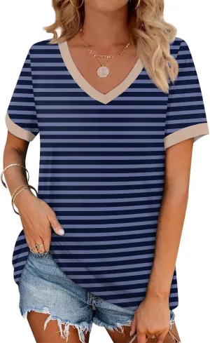 Short Sleeve Shirts for Women Dressy Casual Loose Fit Striped V Neck Blouses Daily Work Dating T Shirts