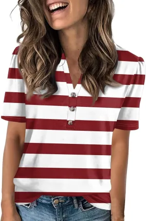 Short Sleeve Shirts for Women Short Sleeve Tops Trendy Summer V Neck Loose Striped Casual Basic T Shirt Tee Blouses