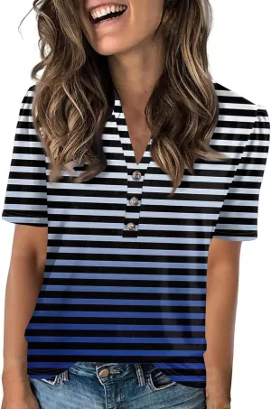 Short Sleeve Shirts for Women Short Sleeve Tops Trendy Summer V Neck Loose Striped Casual Basic T Shirt Tee Blouses