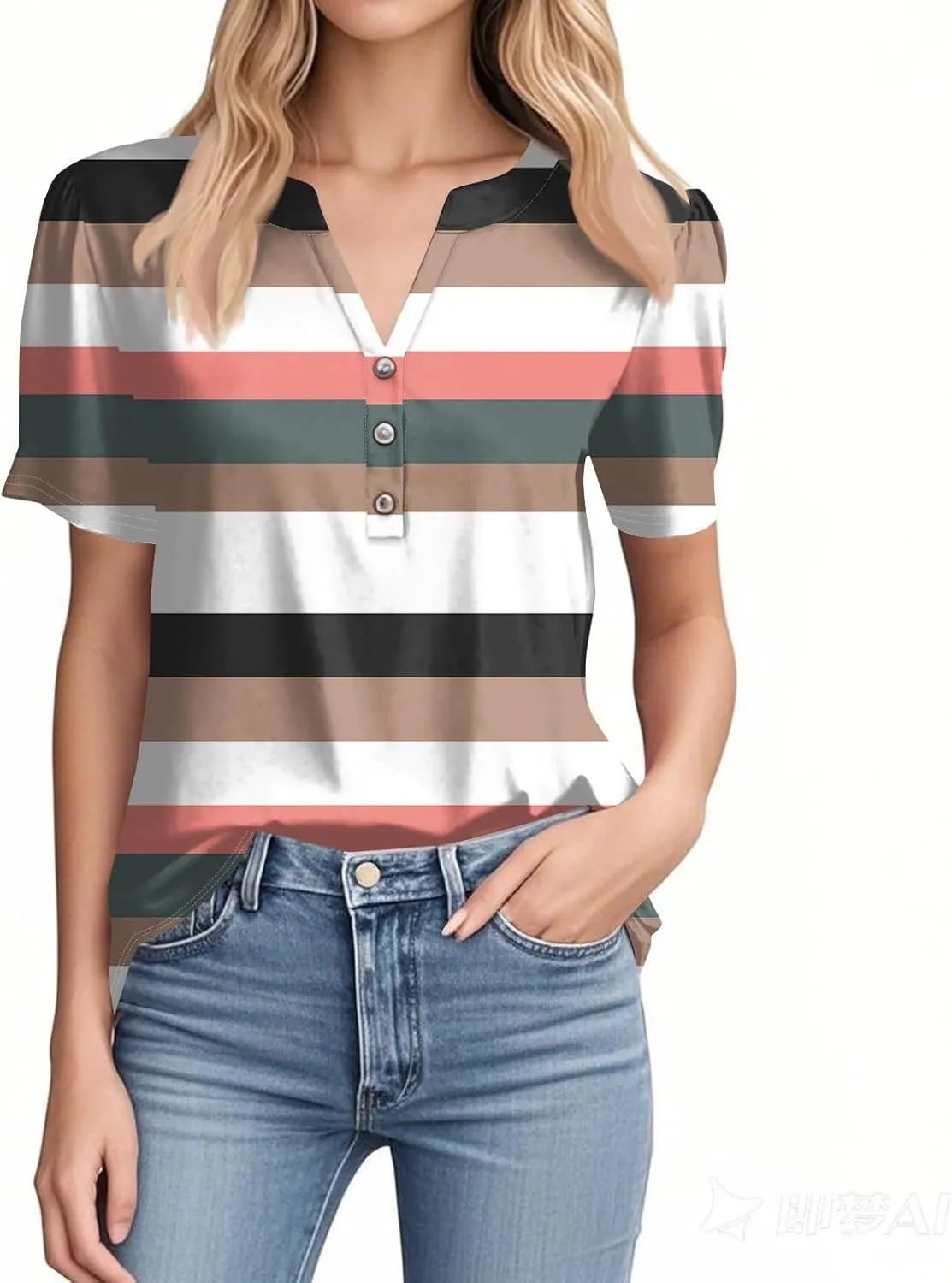 Short Sleeve Shirts for Women Short Sleeve Tops Trendy Summer V Neck Loose Striped Casual Basic T Shirt Tee Blouses