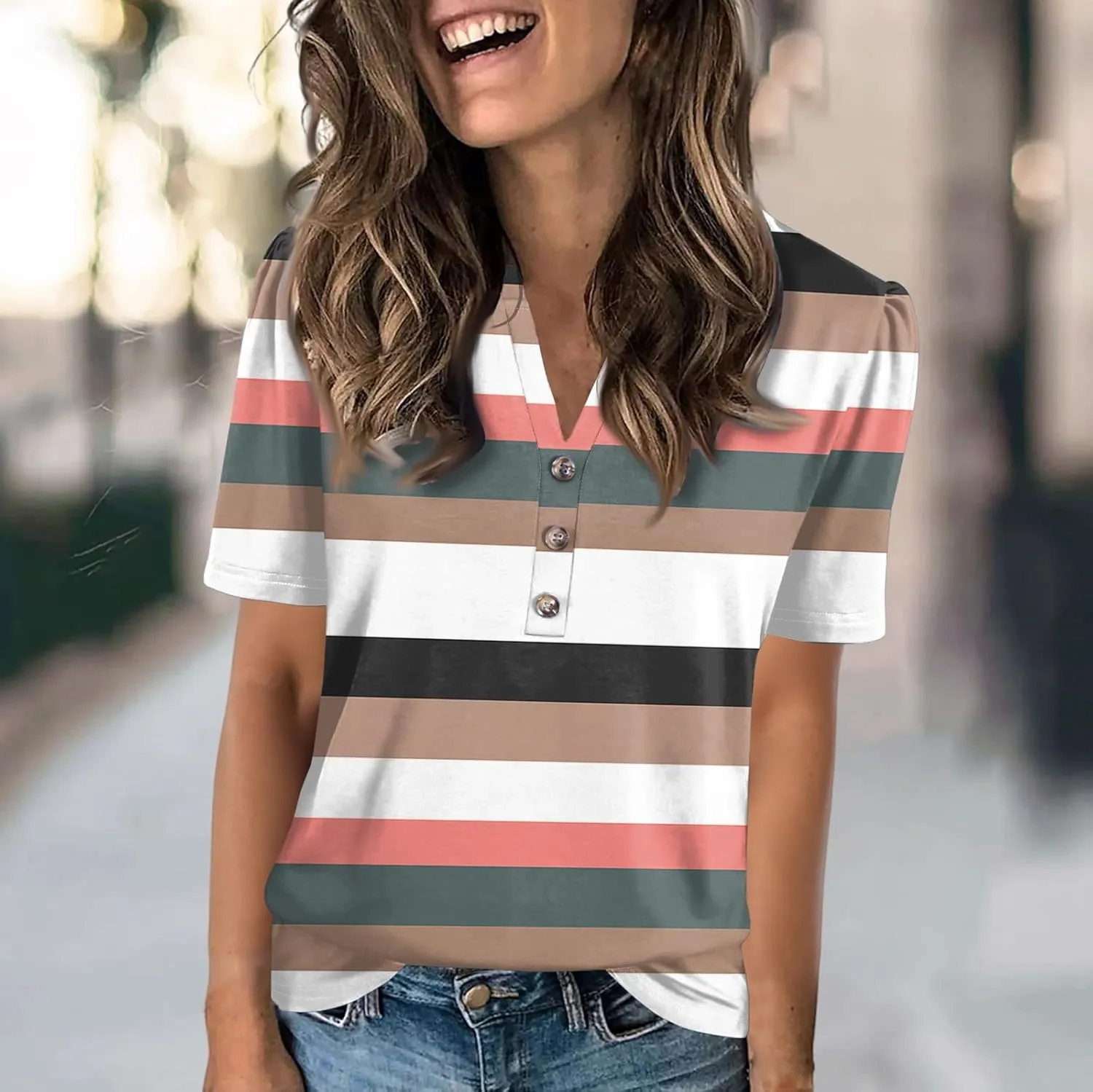 Short Sleeve Shirts for Women Short Sleeve Tops Trendy Summer V Neck Loose Striped Casual Basic T Shirt Tee Blouses