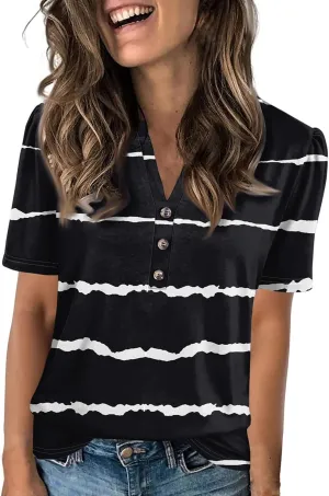 Short Sleeve Shirts for Women Short Sleeve Tops Trendy Summer V Neck Loose Striped Casual Basic T Shirt Tee Blouses