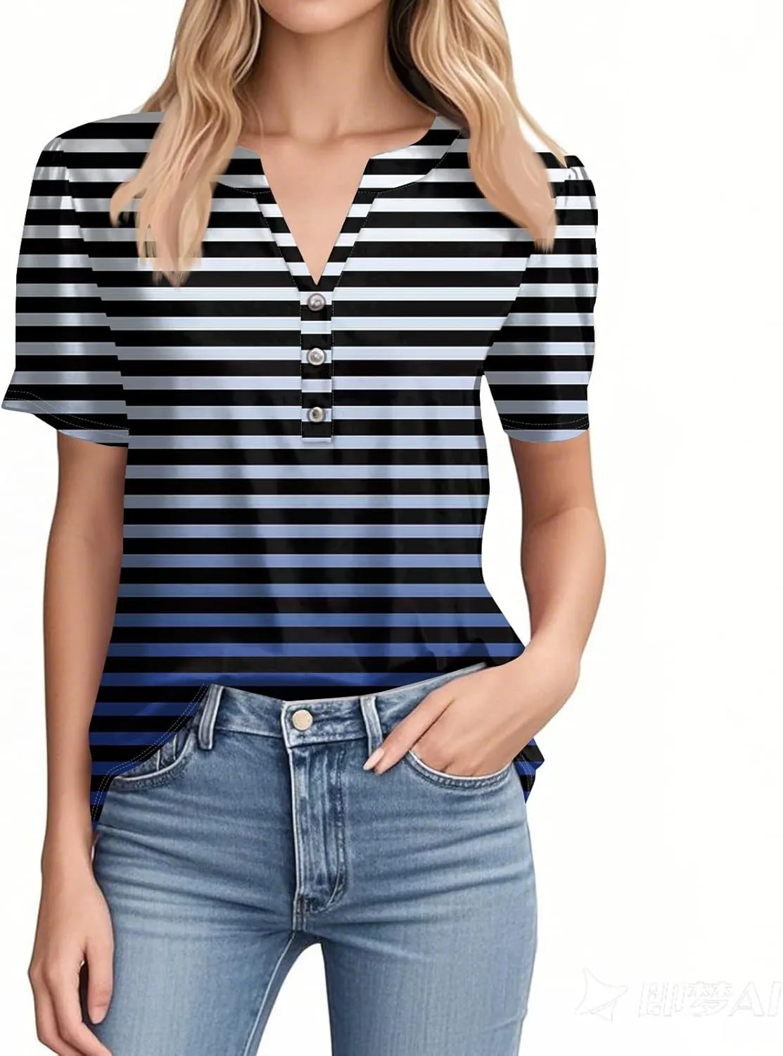 Short Sleeve Shirts for Women Short Sleeve Tops Trendy Summer V Neck Loose Striped Casual Basic T Shirt Tee Blouses