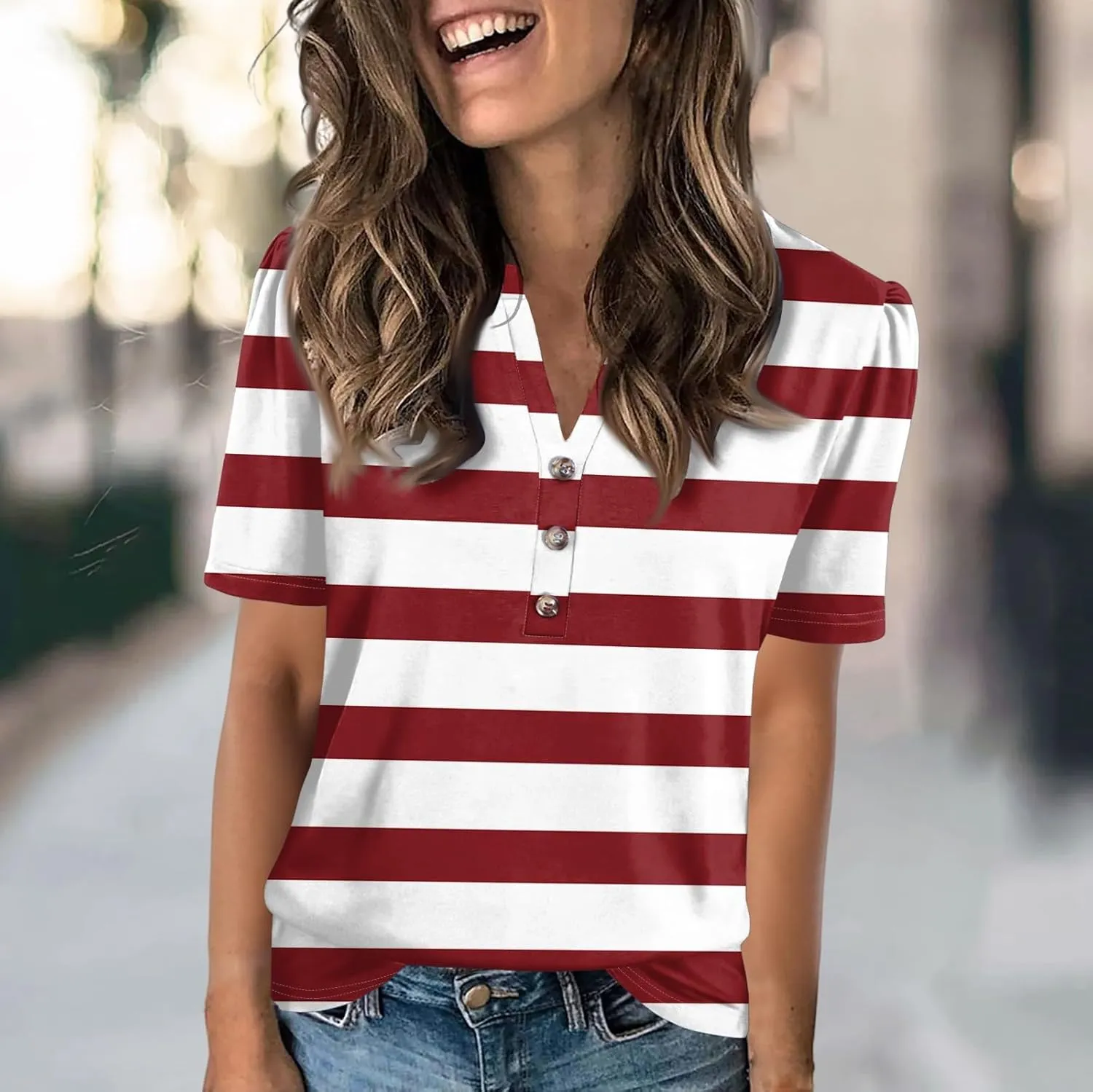 Short Sleeve Shirts for Women Short Sleeve Tops Trendy Summer V Neck Loose Striped Casual Basic T Shirt Tee Blouses