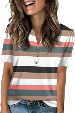 Short Sleeve Shirts for Women Short Sleeve Tops Trendy Summer V Neck Loose Striped Casual Basic T Shirt Tee Blouses