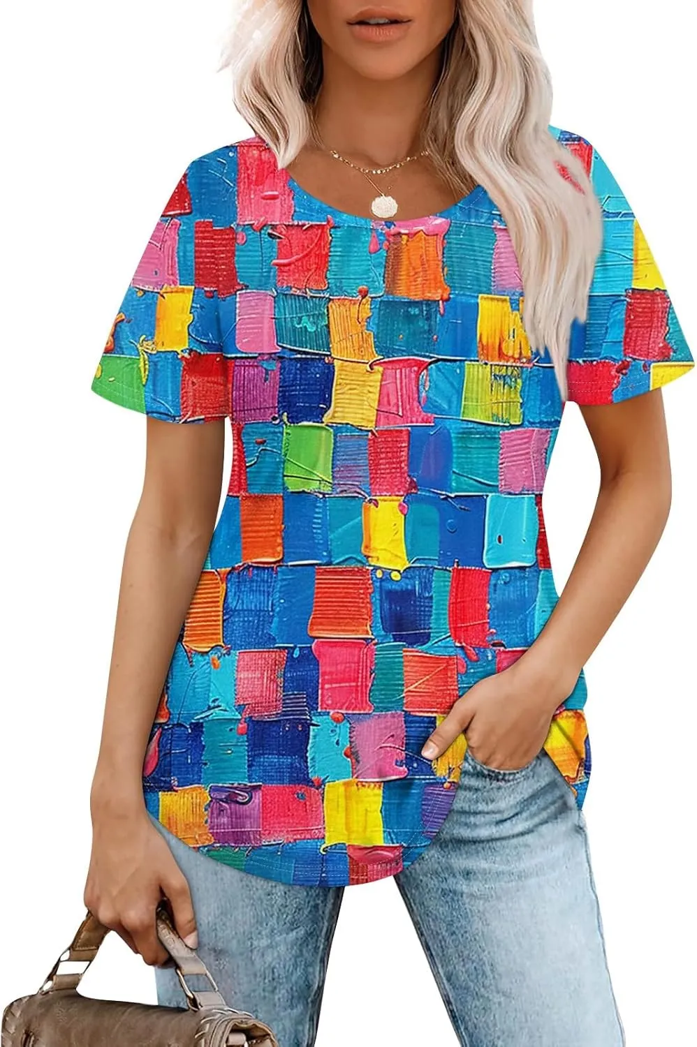 Short Sleeve Shirts for Women Summer Crew Neck Pleated Front Dressy Casual Tops Loose Fit Tunic Plus Size Ladies Blouses