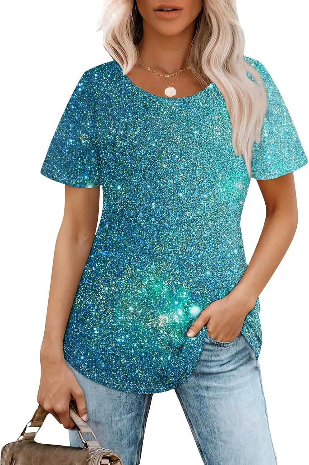 Short Sleeve Shirts for Women Summer Crew Neck Pleated Front Dressy Casual Tops Loose Fit Tunic Plus Size Ladies Blouses