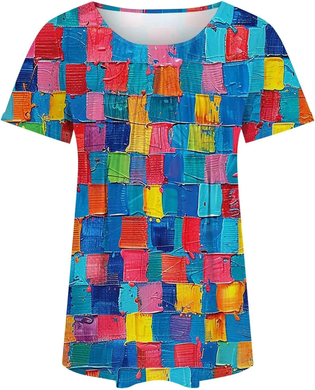 Short Sleeve Shirts for Women Summer Crew Neck Pleated Front Dressy Casual Tops Loose Fit Tunic Plus Size Ladies Blouses