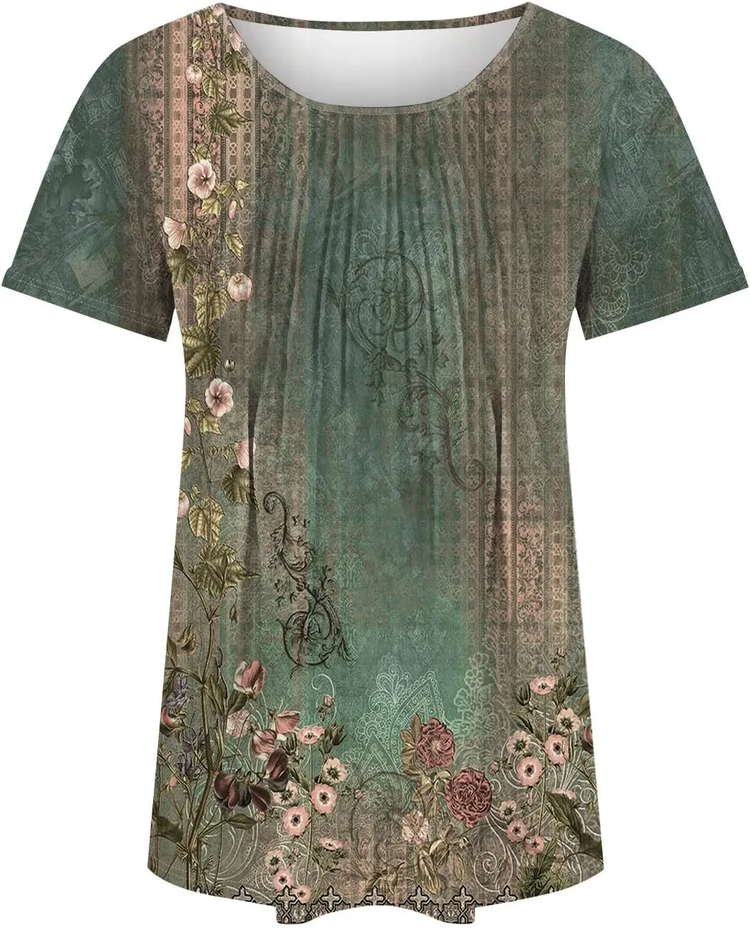 Short Sleeve Shirts for Women Summer Crew Neck Pleated Front Dressy Casual Tops Loose Fit Tunic Plus Size Ladies Blouses