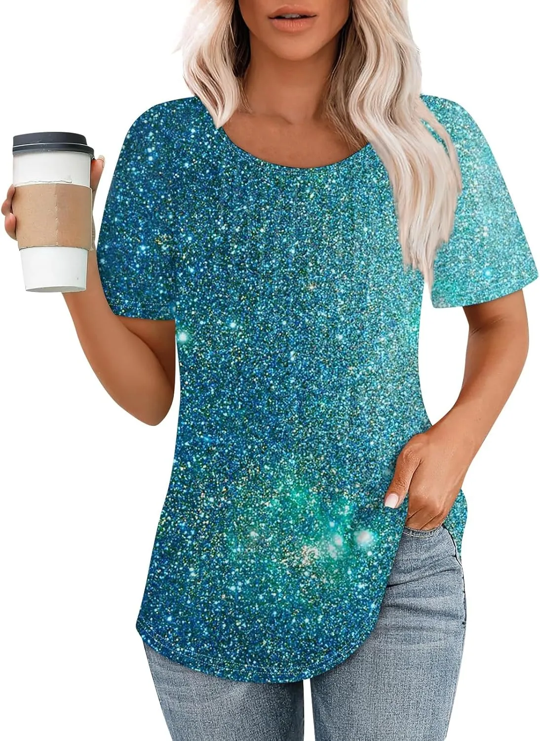 Short Sleeve Shirts for Women Summer Crew Neck Pleated Front Dressy Casual Tops Loose Fit Tunic Plus Size Ladies Blouses