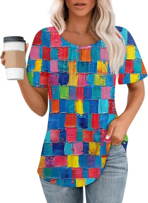Short Sleeve Shirts for Women Summer Crew Neck Pleated Front Dressy Casual Tops Loose Fit Tunic Plus Size Ladies Blouses